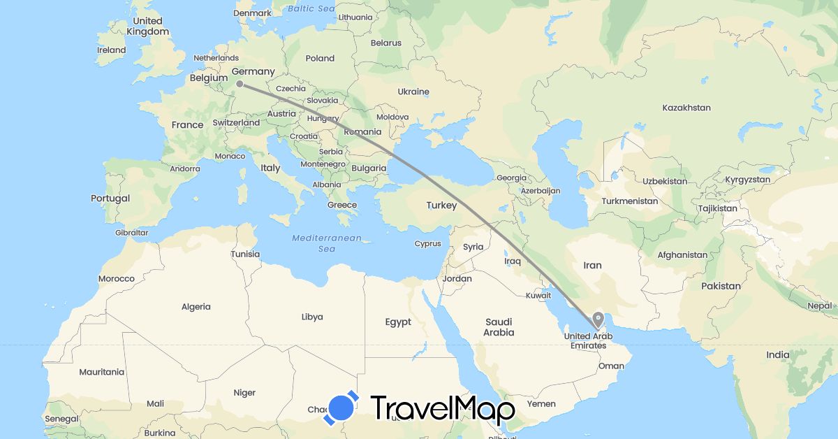 TravelMap itinerary: plane in United Arab Emirates, Germany (Asia, Europe)